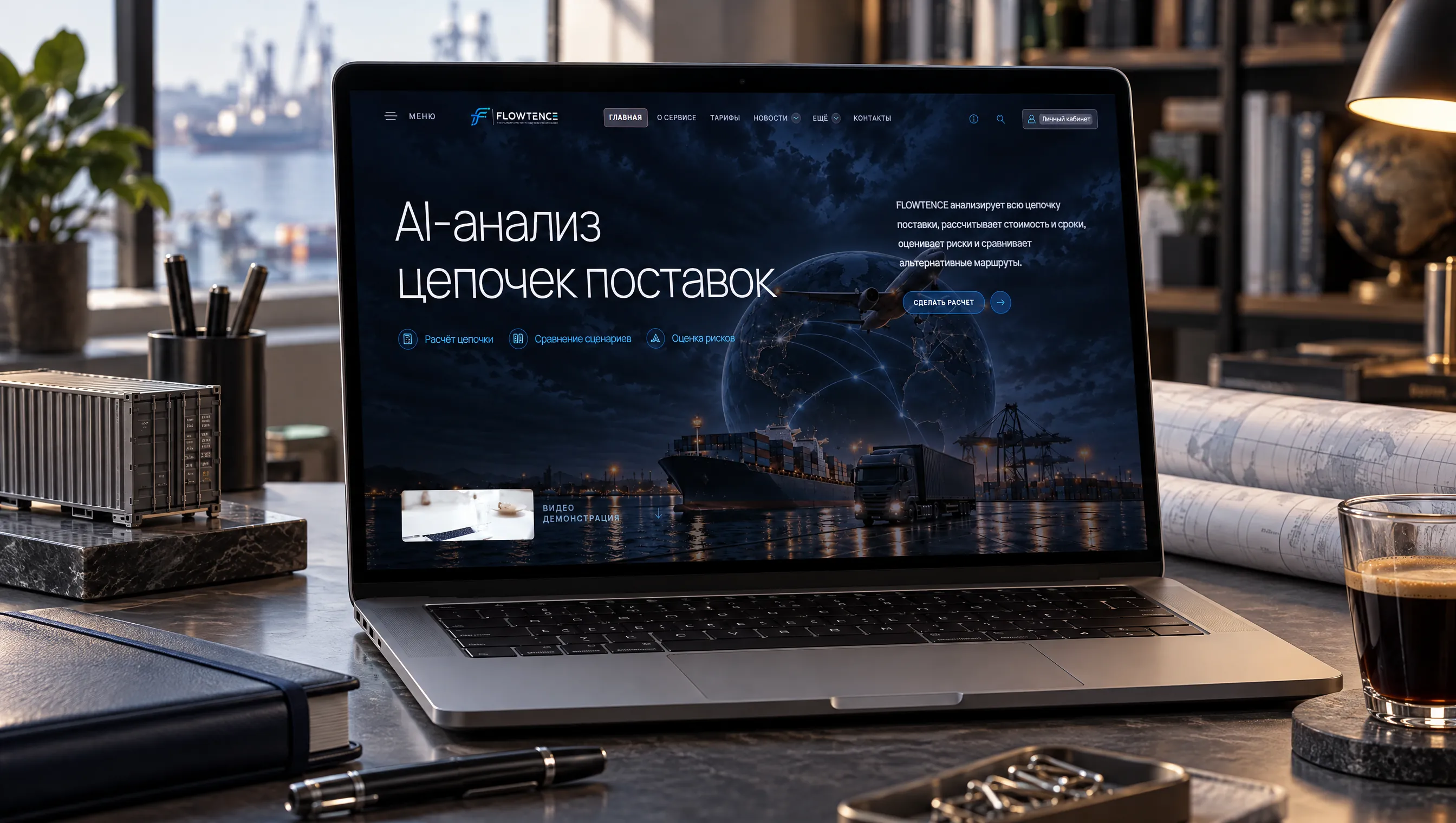 Главная страница Flowtence на ноутбуке в рабочем пространстве логиста