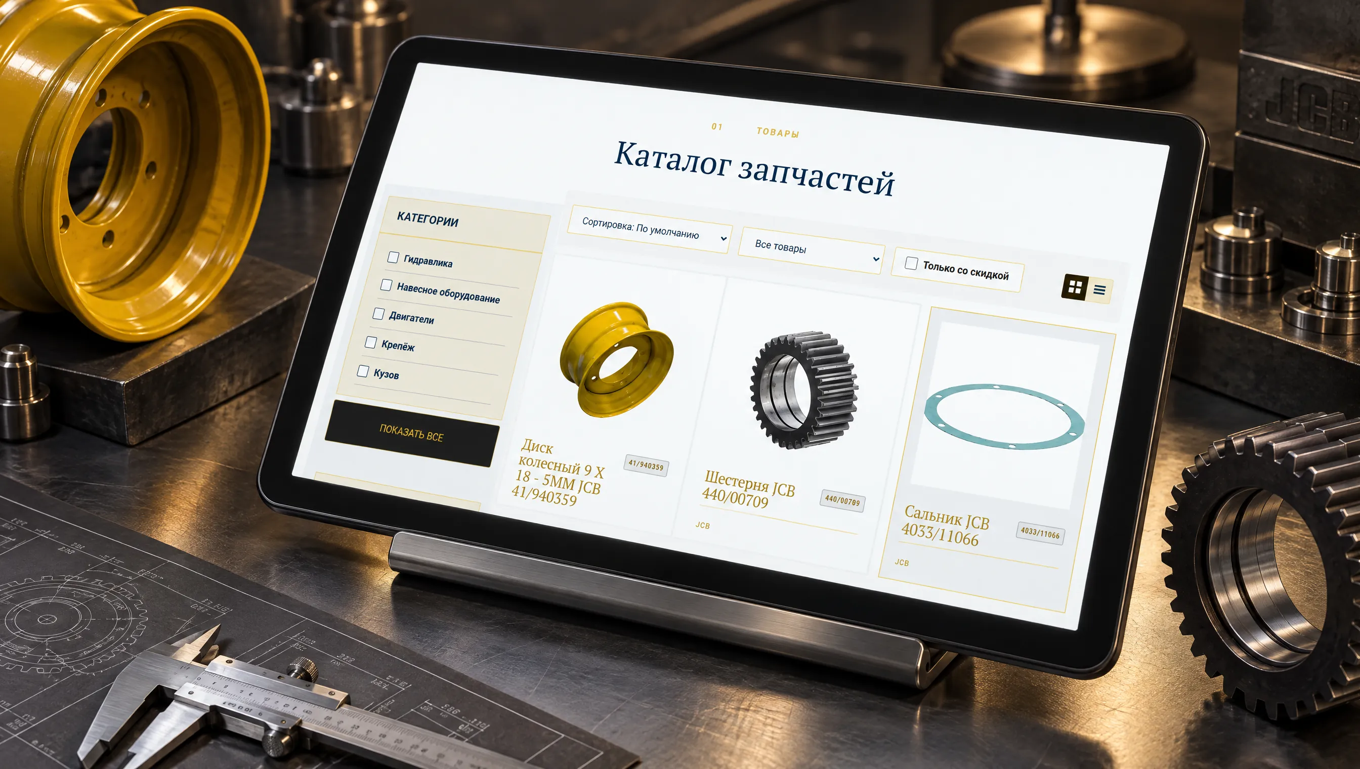 Мокап каталога запчастей VectorGears с фильтрами и товарными карточками