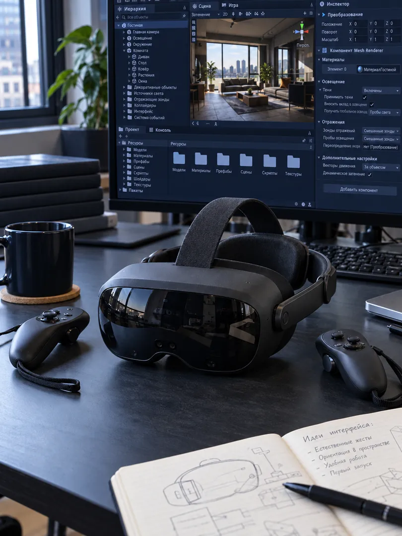 VR-гарнитура и контроллеры на рабочем месте разработчика