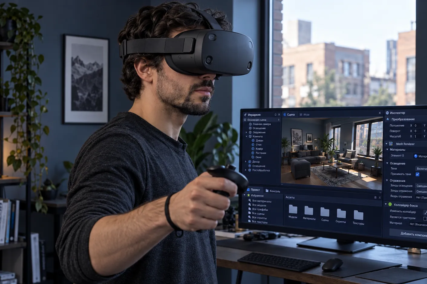 Проверка виртуальной сцены с использованием VR-гарнитуры и контроллеров