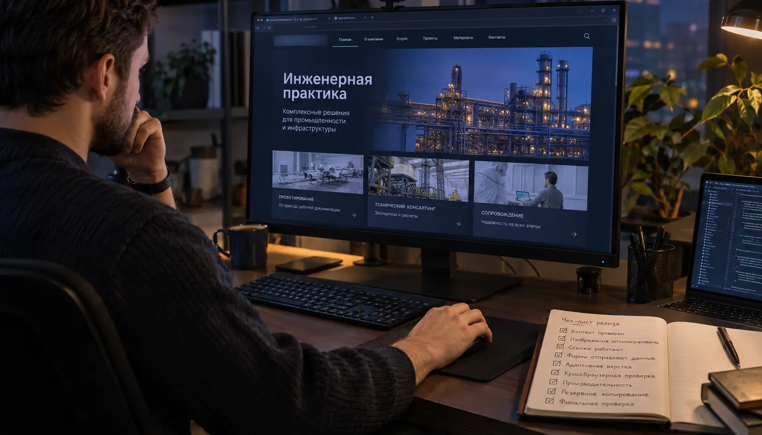 Корпоративный сайт инженерной компании на мониторе