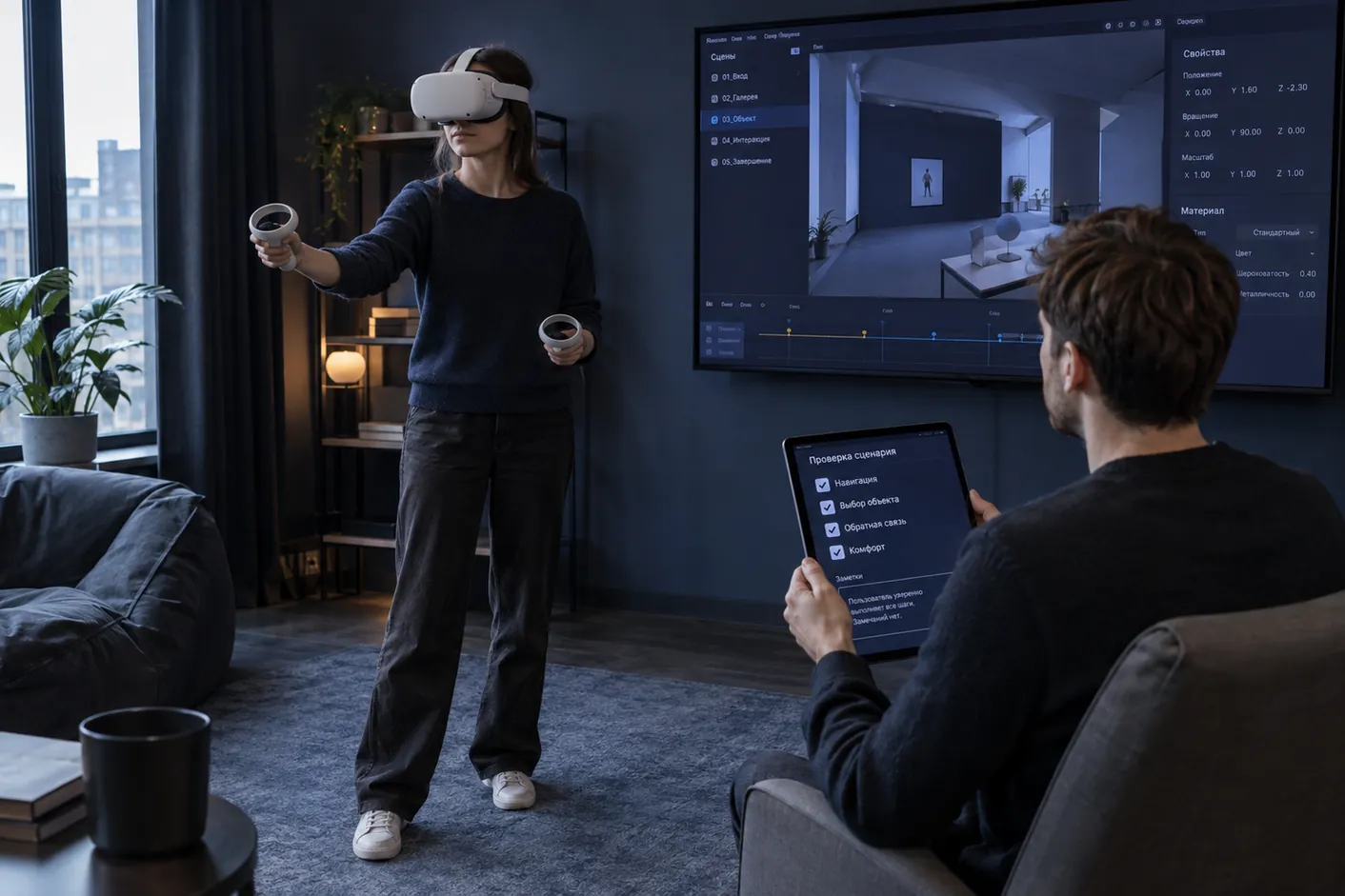 Тестирование VR-сцены в гарнитуре под наблюдением специалиста