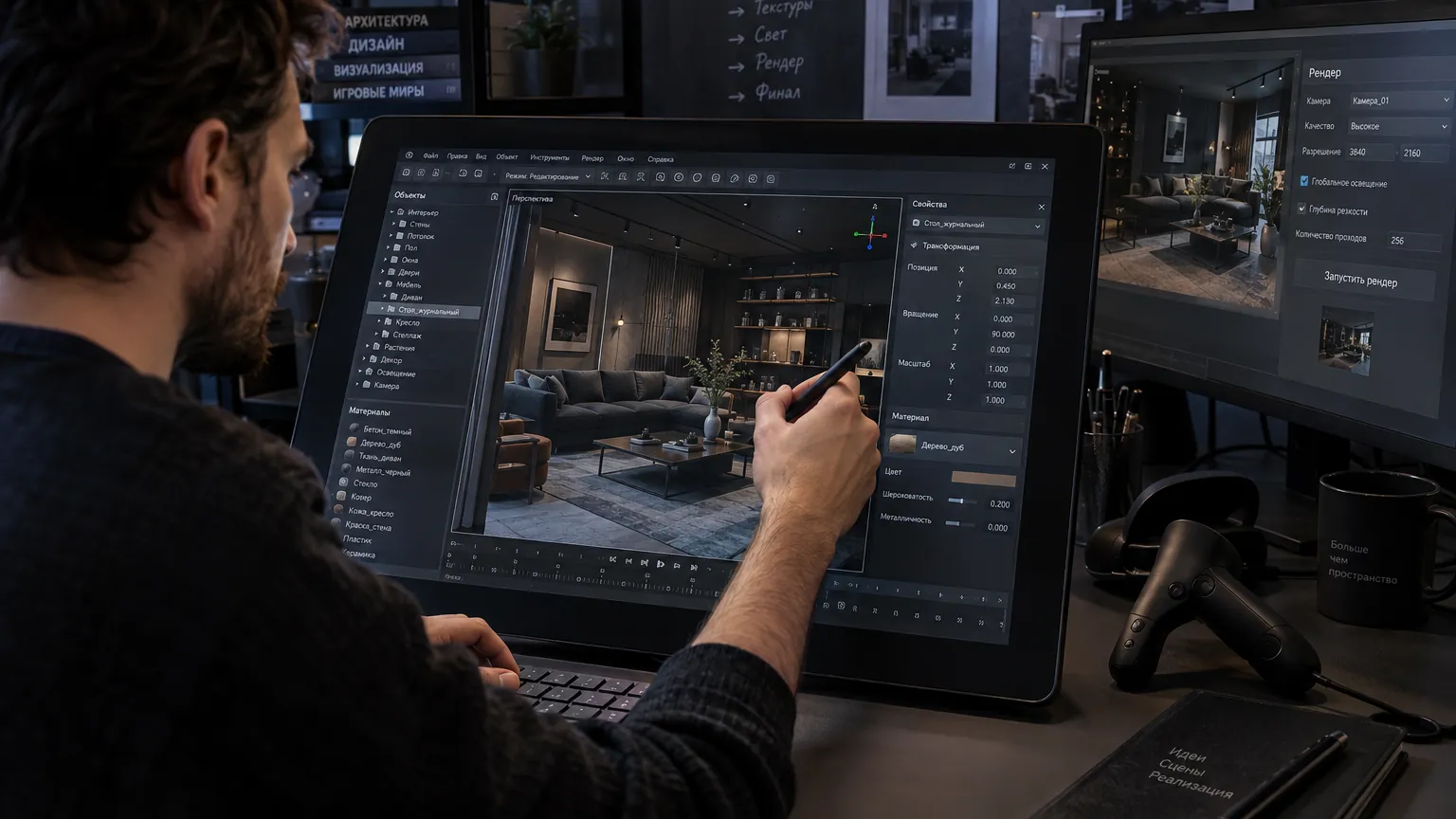 Редактирование интерьера и материалов в приложении для создания 3D-сцен